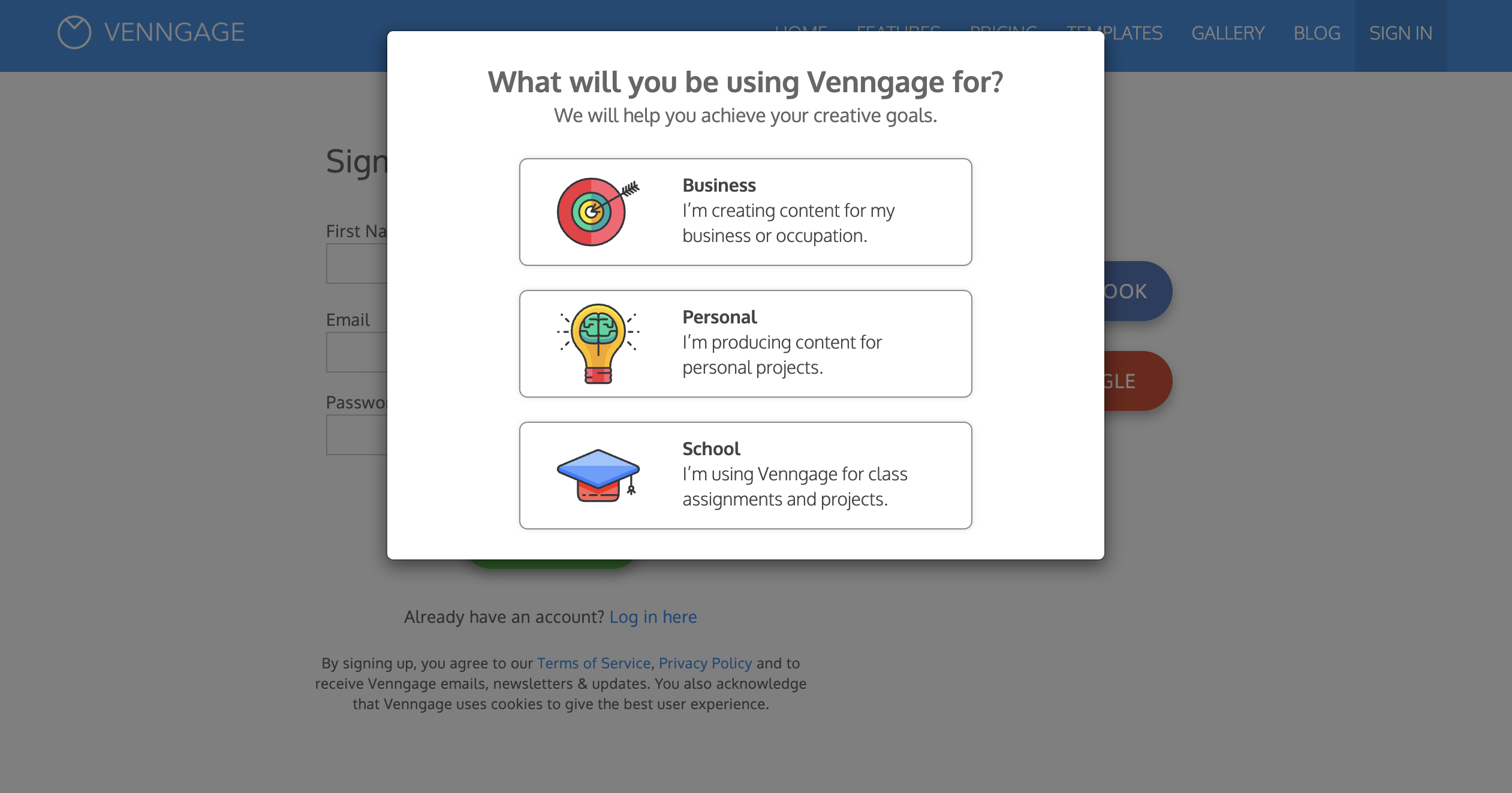 Powerpoint vs Venngage getting started Venngage Onboarding - Organization Type